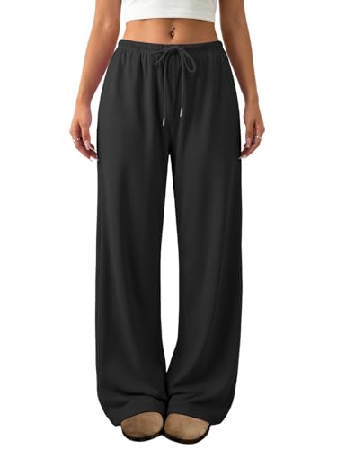 ATHMILE Womens Wide Leg Sweatpants Low Rise Baggy Pants Fall Fashion Lounge Lightweight Sweat Pants with Pockets Black