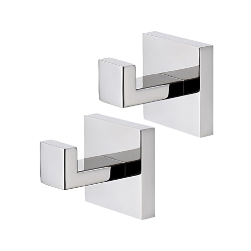 Cazoro Square Towel Hook 2 Pack Stainless Steel Towel Hooks for Bathrooms Wall Mounted Door Hook for Robe Coat Clothes - Polished Chrome Finish