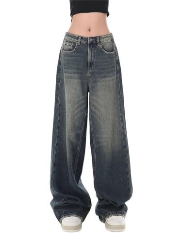 Women's Retro Straight Baggy Jeans Vintage Street Cool Ins High Waist Loose Pants Casual Denim Trousers