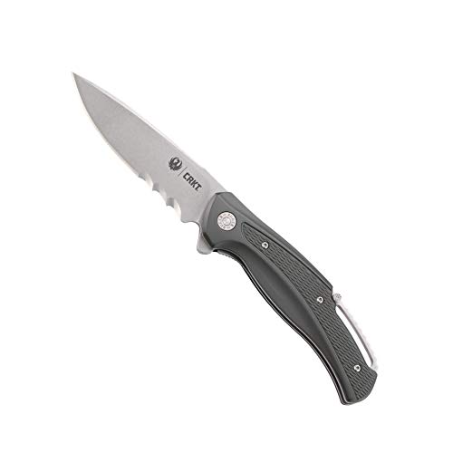CRKT Ruger Windage Folding Knife: Folder with Liner Lock, Stonewashed Drop Point Blade with Veff Serrations, Aluminum Handle with Pocket Clip R2402