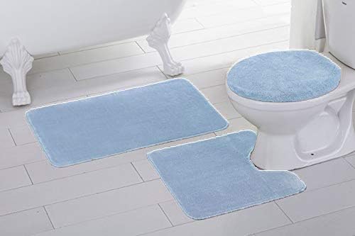 Elegant Homes 3 Piece Bathroom Rug Set Bath Rug, Contour Mat, & Lid Cover Non-Slip with Rubber Backing Solid Color # Angela (Light Blue)