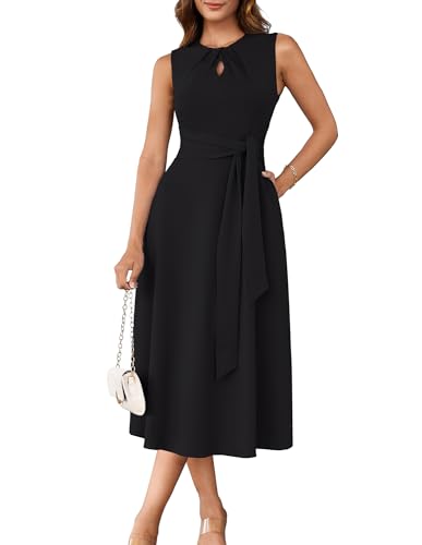 GRACE KARIN Women 2025 Summer Work Dress Sleeveless Tie Waist Elegant Party Cocktail A Line Flowy Midi Dresses with Pockets