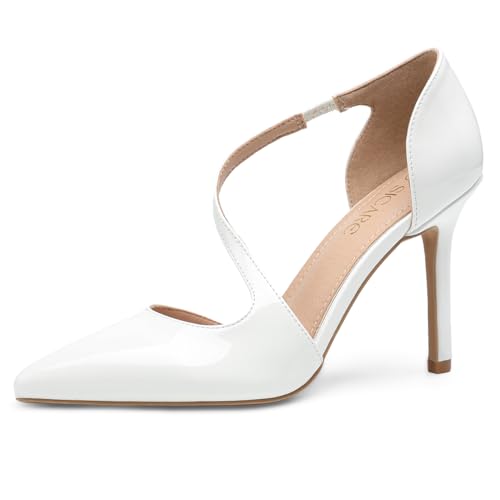 Image of Women's Pointed Toe High Heel Pumps, Elegant Asymmetric Cross Strap D'Orsay Stiletto Strappy Heels, Glossy Patent Dress Shoes for Wedding, Party, and Office