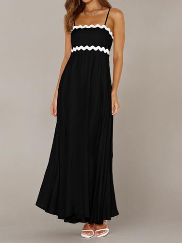 Image of PRETTYGARDEN Women Spaghetti Strap Boho Maxi Dresses Flowy | Sleeveless Smocked Long Dress, Striped Trim Flowy Dress Pockets, Elegant Square Neck Beach Sundress, Casual Summer Outfits