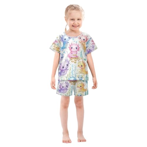 Pajama Sets Short Sleeve Cute Axolotl Watercolor Pattern Prints Soft Cotton Summer Sleepwear 2 Piece PJS Size 5-14T4