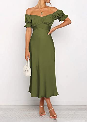 Image of KIRUNDO Women's Satin Summer Wedding Guest Cocktail Dress | 2026 Spring Fall Party Midi Dress, Silky, Elegant Off Shoulder Short Sleeve, Ruffle Mermaid Hem, Wrap Prom Formal Outfits