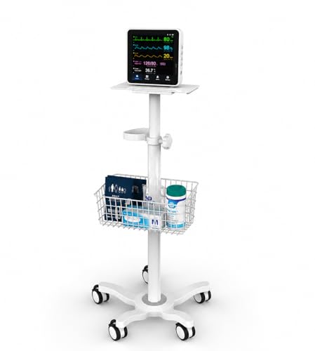 Image of Mount Plus X3 Height Adjustable Aluminium Rolling Stand for Patient Monitor Medical Trolley Cart with Basket and and Locking Casters for Dental Office, Hospital, Clinic