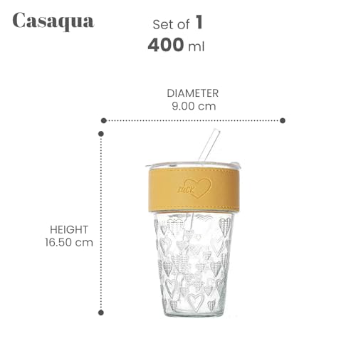 Image of Drinking Glass with Lids and Straw - 400ml, Set of 1, Fruit Juice Cups, Glass with Lids and Straws, Wide Neck, Coffee Glass for Coffee, Smoothie, Milkshake, Juice (Random Design, Multicolor)
