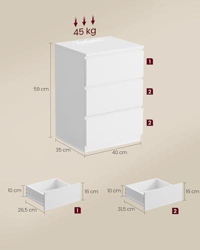 VASAGLE Bedside Table, Set of 2, Side Table, 3 Drawers, Beveled Edge, 2 AC Outlets, 2 USB Ports, Living Room, Bedroom, Study Room, Modern, Cloud White LET831W14