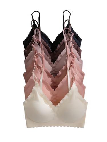 Women's 6 Pieces Bra Scallop Seamless Padded Comfy Wireless Bralettes Cami Tops