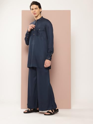 Image of See Designs Men's Long Sleeve Curved Hem Mandarin Collar Rayon Solid Pathani Sets