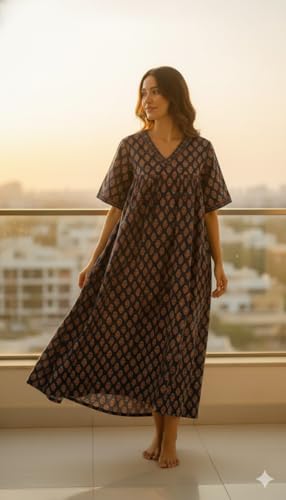 Image of Evolove Cotton Nighty Maxi for Women with Side Pocket | Floral Print Round Neck Short Sleeves Full Length Night Wear Gown