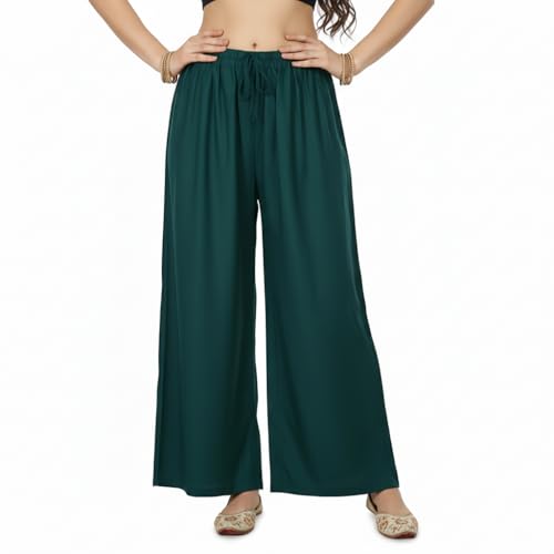 Image of Women's Rayon Palazzo Pants | Solid Color Wide Leg Trousers in 18 Shades | Elastic Waist Casual Bottoms XS-7XL | Comfortable