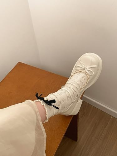 ZQW Women's Kawaii Lolita Y2K Retro Leather Mid Block Heel Mary Jane Shoes with Bow Round Toe Lace Platform Chunky Pumps2