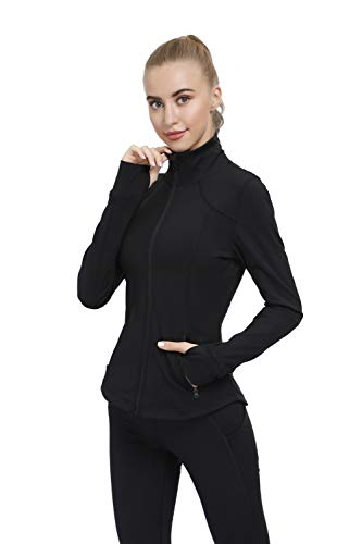 Dolcevida Women\'s Slim Fit Workout Track Jackets Full Zip Stretchy Warm up Active Running Jacket with Thumb Holes (Deep Black, L)