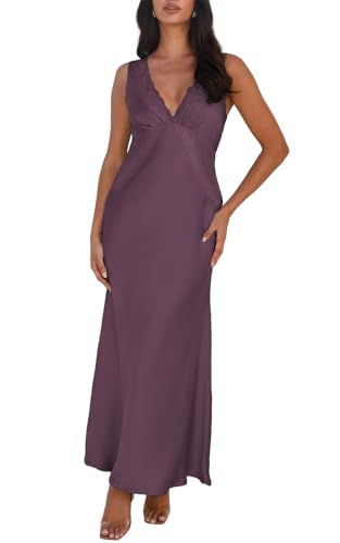Image of BAGONE Summer Satin Lace V Neck Backless Formal Wedding Guest Maxi Dresses | Silk,Open Back,Sleeveless,Elegant,Cocktail,Bridesmaid,Baby Shower,Party,Prom,Birthday,Vacation,Summer Dresses for Women 2026