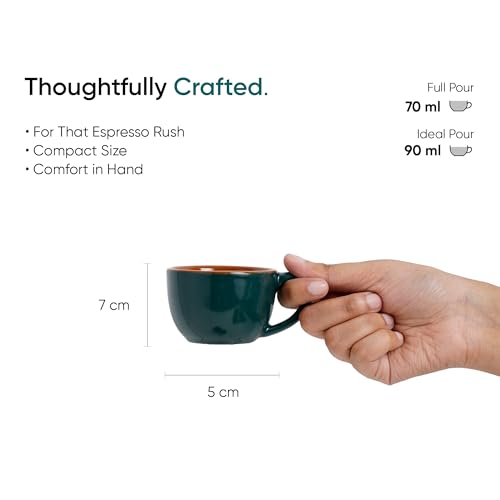 Image of Shay Ceramic Espresso Cup Set, Set of 2, 100ml, Teal Green | Espresso Cup and Saucer | Glossy Finish | Microwave Safe (Espresso Set, Teal Green)