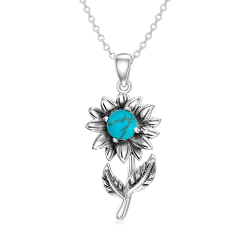 Turquoise Sunflower Necklace for Women 925 Sterling Silver Genuine Turquoise/Diamond Pendant Western Lifestyle Jewerly Gift for Her Mom Wife