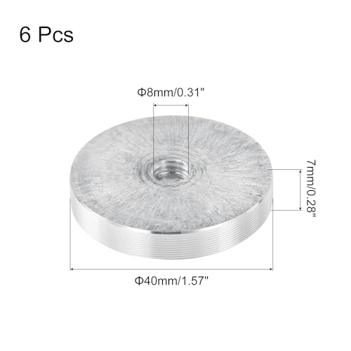 QUARKZMAN M8 Gewinde 40mm Durchmesser Runde Form Aluminium Scheibe Hardware 6 Stück, Aluminium Kreis Scheibe Glasplatte Adapter für Glastisch, Silber