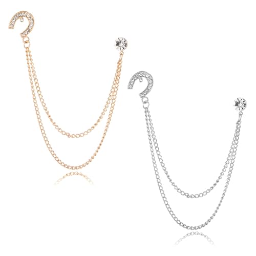 Image of 2PCS Crystal Hanging Chain Brooch Suit Pin for Men Women Vintage Crown Cross Star Diamond Broochs Gold and Silver Wedding Brooch for Clothes Dress Hats Bags Accessory