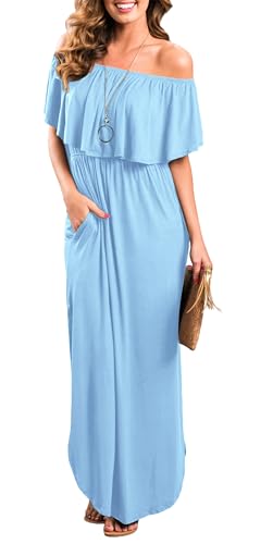 Image of Sarin Mathews Womens Off The Shoulder Ruffle Party Dress Casual Side Split Beach Long Maxi Dresses with Pockets