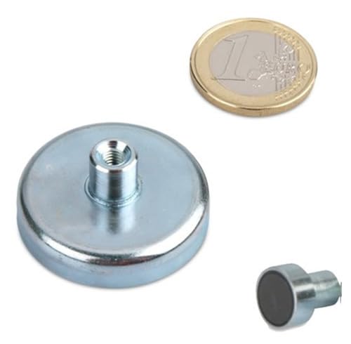 Base magnética con roscado interior - Ø10-125mm - Ferrita dura (HF) Imanes permanentes cerámicos - Imán en recipiente con casquillo roscado - Sistemas magnéticos - Fuerza de sujeción: hasta 130kg, Grandezas:Ø 40mm | M4 | 12.5kg fuerza