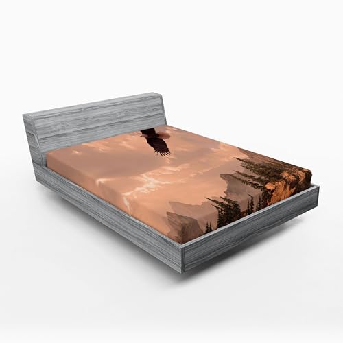 Ambesonne Eagle 2 Pack Fitted Sheet, Nature Rocky Mountains, Bed Cover All-Round Elastic Deep Pockets 2 Pieces, Package Contains 2 Full Size Fitted Sheets, Rose Green
