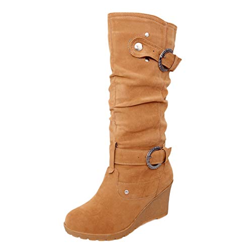 Fullwei Boots for Women,Women Platform Mid-Calf Boot Moto Chunky Wedge Round Toe Combat Boot Ladies Casual Motorcycle Riding Boot Walking Shoe (Brown, 8.5)