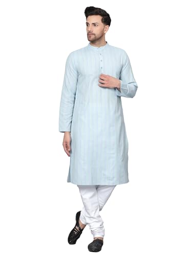 Image of LATEST CHIKAN Men's Cotton Regular Striped Knee Lenght Kurta Full Sleeves - Casual Ethnic Wear