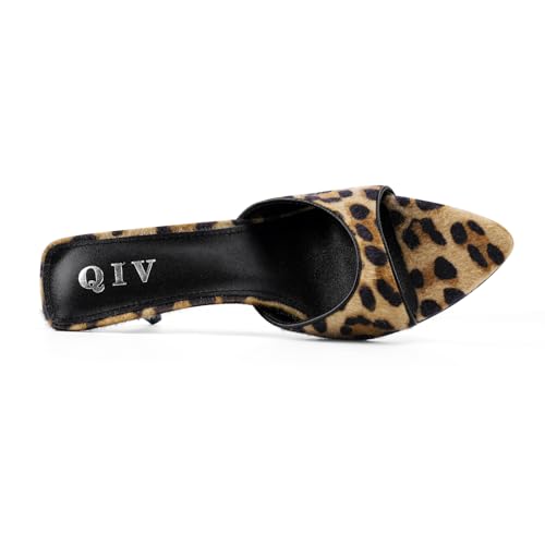 Image of QIV Leopard Kitten Heels Pointed Toe Mule Heels for Women Open Toe Kitten Heel for Party Dressy Wedding
