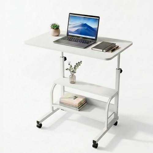 Mesa para Portátil con Ruedas 60x40 cm, Altura Ajustable 65-77 cm, Escritorio Móvil para Ordenador, Mesa Auxiliar Laptop, Mesa Cama Portátil para Sofá o Dormitorio, Mesa Ordenador Compacta con Estante