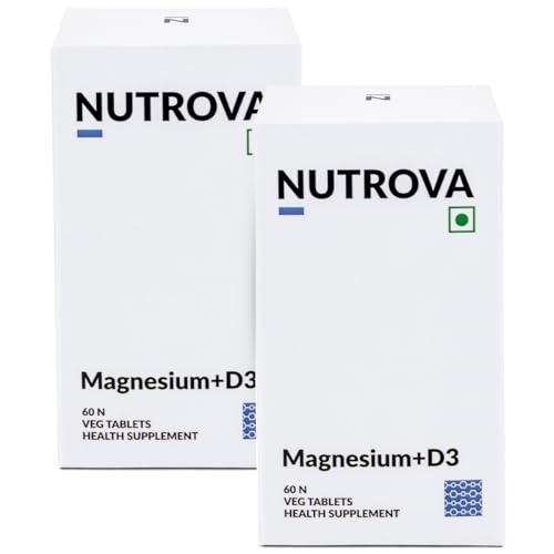Image of Nutrova Magnesium+D3 | With Magnesium Bisglycinate & Vitamin D3 | Supports Better Sleep, Mood, Energy & Muscle Recovery | High Absorption Formula | Gentle on Stomach | 120 Veg Tablets (Pack of 2)