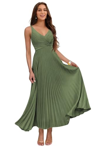 Women's V Neck Pleated Satin Bridesmaid Dresses Long Maxi Formal Evening Dress VS219