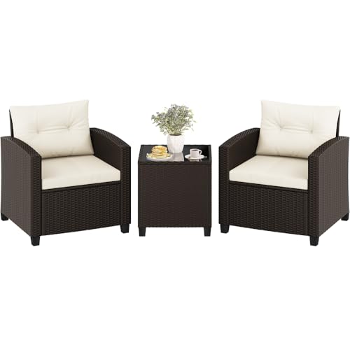Yaheetech Salon de Jardin 2 Personnes en Résine Tressée Ensemble Bistrot 3 Pièces avec Table Basse Fauteuils d'Extérieur avec Coussins et Oreillers pour...
