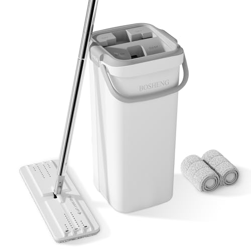 BOSHENG Mop and Bucket Set Flat Mops for Floor Cleaning Wall Mop with 60 Extensible Handle Hardwood Floor Mop with 2 Microfiber Pads