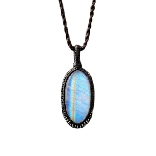 Collier pierre de lune arc-en-ciel ovale avec cordon cuir de 45 cm