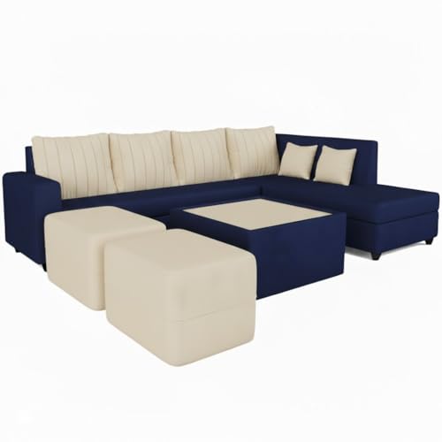 Image of CASASTYLE Stylify 8 Seater Fabric RHS L Shape Sofa Set with 1 Centre Table & 2 Ottoman (Cream-Dark Blue) 8-Person Seating with Premium Velvet Finish