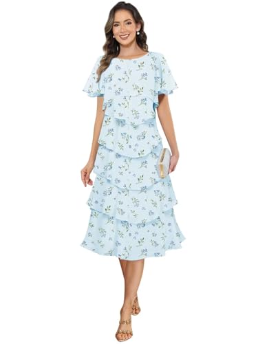 MAGGCIF Ruffled Tiered Chiffon Mother of The Bride Dresses for Women with Sleeves A Line Formal Wedding Guest Dress