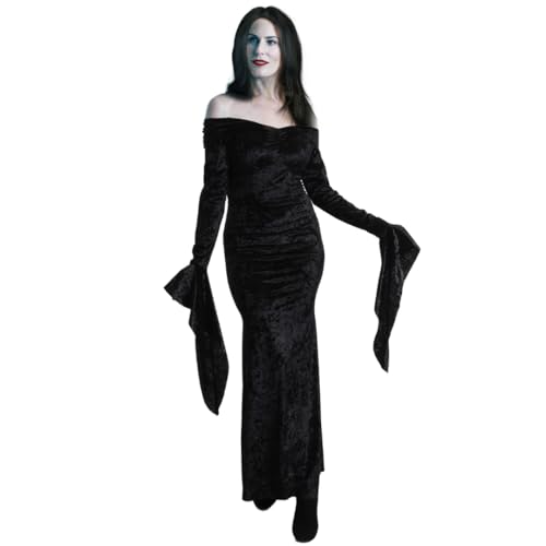 Morticia Addams Costume for Women - Adult Gothic Black Velvet Dress with Flowing Sleeves - Halloween Costumes Cosplay & Fancy Dress (XL)