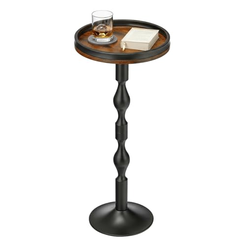 ZEXVIDA Small Round Side Table Drink Table with Weighted Base Industrial Metal & Wood Pedestal End Table with Tray Top Martini Table for Small Spaces Living Room Bedroom 27 H