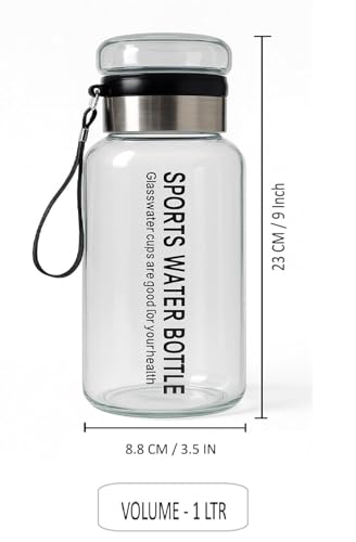 Image of NYRWANA Borosilicate Glass Water Bottle with Screw Lid | 1000ml Glass Tumbler | Heat-Resistant | Leak-Resistant | Hot & Cold Drinking Bottle for Home, Office, Gym, Travel & Camping