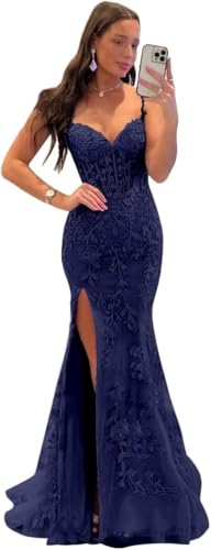 Lace Prom Dresses for Women Spaghetti Straps Tulle Applique Sweetheart Neck Mermaid Formal Evening Party Gowns with Slit