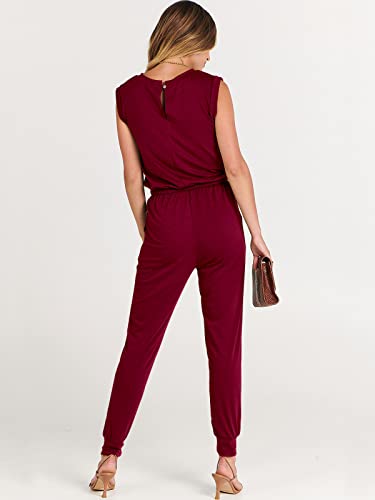 Anrabess 2022 Women’s Casual Round Neck Sleeveless Jumpsuit Drawstring Waist Stretchy Long Pant Romper A330Jiuhong-M Wine Red #TOP4