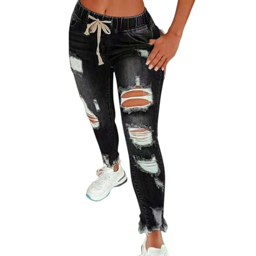 Women's Ripped Skinny Jeans Self Tie High Rise Stretch Destroyed Denim Pants Plus Size