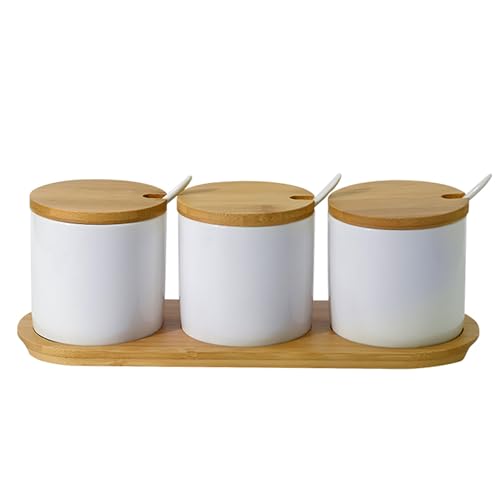 The Better Home Ceramic Condiment Jar Set of 3 (250 ml Each) | Bamboo Lids, Spoons & Tray | Airtight Kitchen Organizer for Pickle, Sauces & Masala | White The Better Home Ceramic Condiment Jar Set of 3 (250 ml Each) | Bamboo Lids, Spoons & Tray | Airtight Kitchen Organizer for Pickle, Sauces & Masala | White