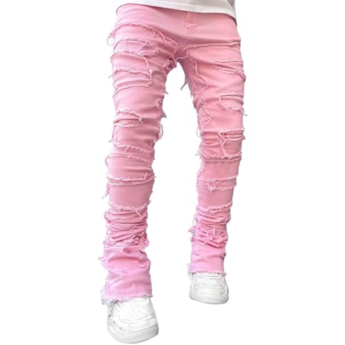 DGHM-JLMY Men's Slim Fit Stretch Stacked Jeans Straight Leg Skinny Denim Pants Distressed Frayed Hip Hop Jeans Trouser