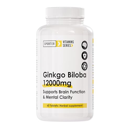 Sporter Ginkgo Biloba 12000mg Extract 60 Tablets Brain Health Support Memory and Focus Enhancement 240mg Standardized Extract Gluten-Free