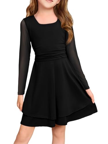 Haloumoning Girls Mesh Long Sleeve Dress Kids Square Neck Ruched Waist Double Layered Party Dance Dresses 5-14Y