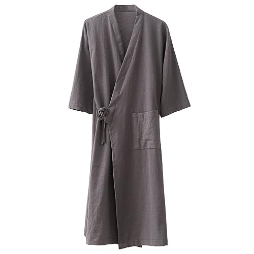 MOLUCI Men's Women's Cotton Linen Bathrobe Couples Japanese-Style Absorbent Quick-Drying Kimono Yukata Sauna Robe,Gray,L