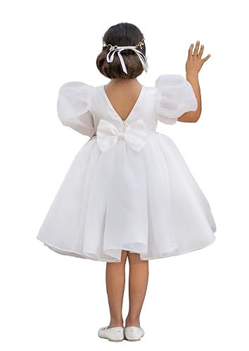 Flower Girl Dress Organza Toddler Dresses Puff Sleeve & Bow Bcak Girls Princess Dress for Wedding Birthday Party